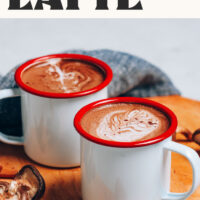 Two mugs of our 5-minute mushroom latte with text above that says with coffee or cacao