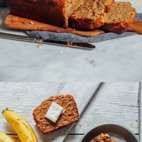 Cutting boards and plate with a loaf of our 1-Bowl Vegan Gluten-Free Banana Bread recipe