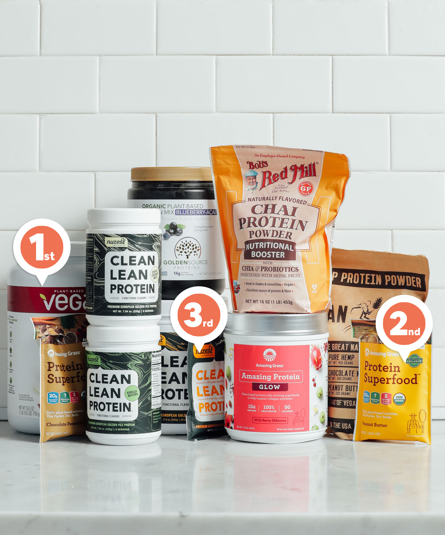 Parallel image of plant-based flavored protein powders reviewed for taste and nutrition