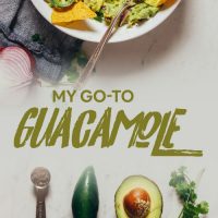 Ingredients for making homemade guacamole and a bowl filled with a batch of our Go-To Guacamole recipe