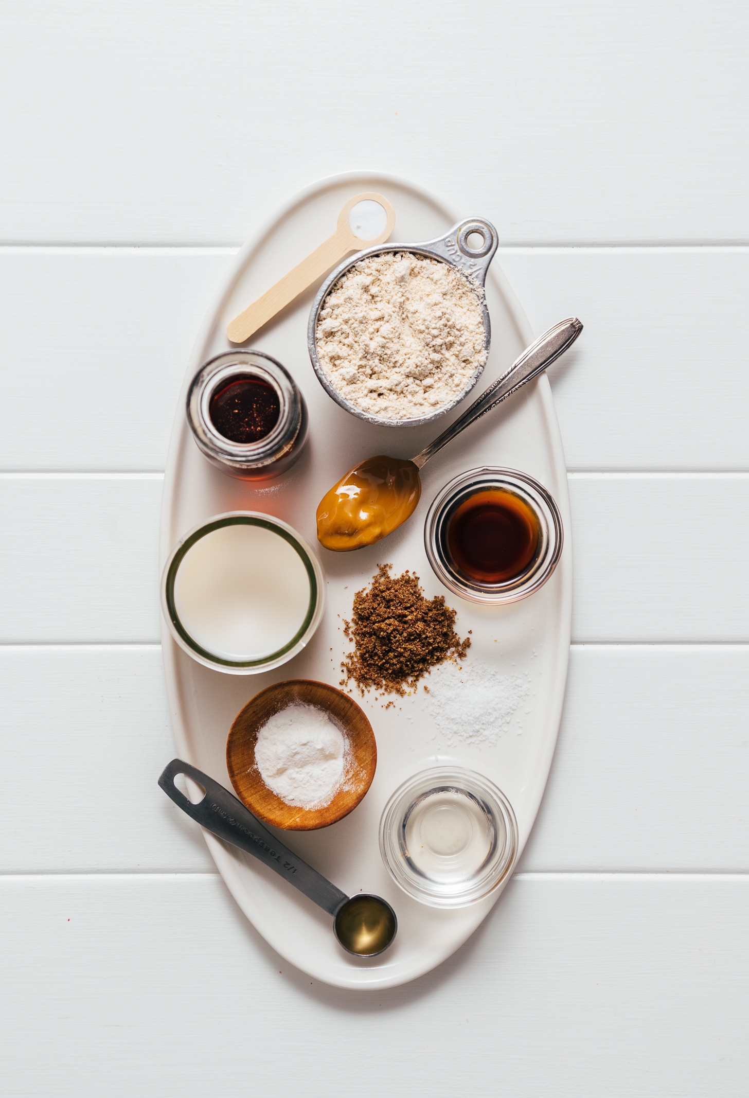 Tray of ingredients for making our vegan Peanut Butter Protein Pancakes recipe