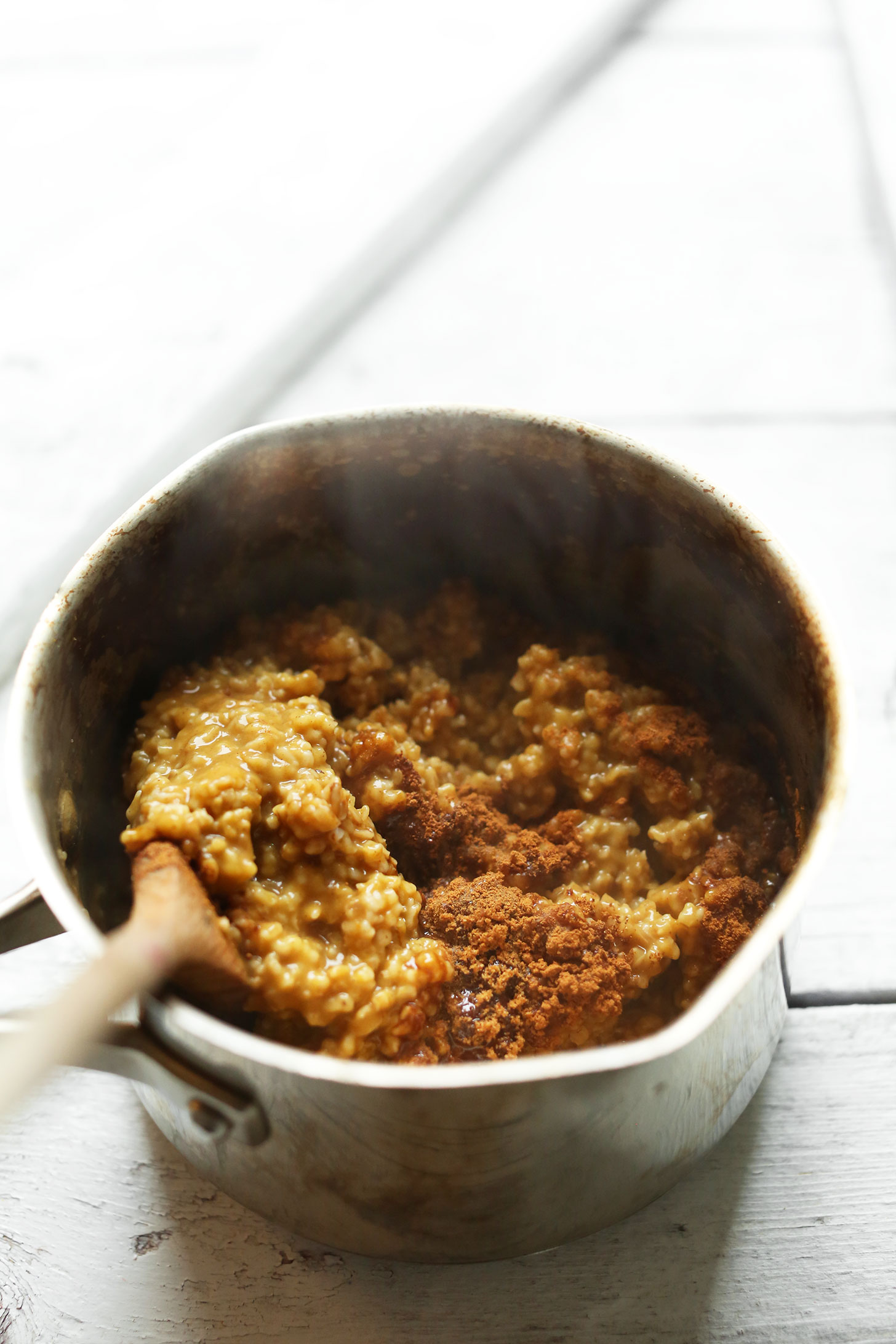 Saucepan of Pumpkin Steel Cut Oats made with coconut sugar