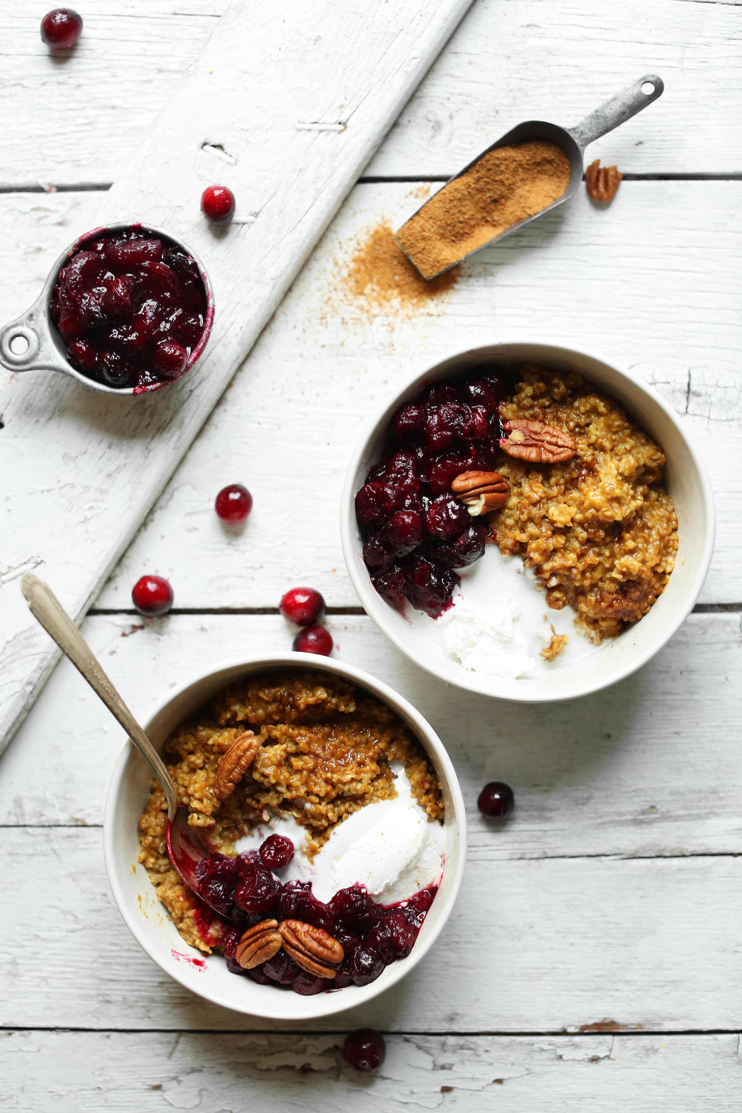 Bowls of Cranberry Pumpkin Steel Cut Oats for a cozy fall breakfast