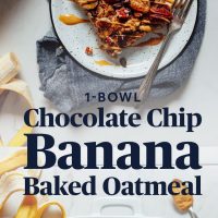 Plate and pan of Banana Chocolate Baked Oatmeal for a delicious make-ahead breakfast
