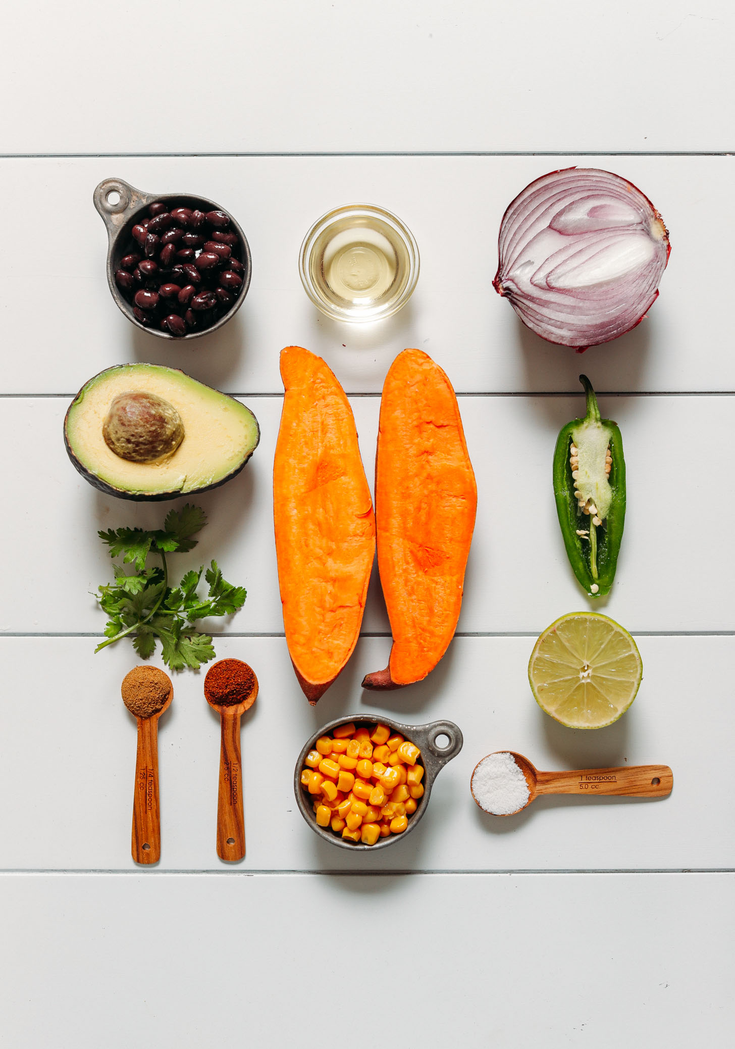 Display of ingredients for making vegan Southwest Sweet Potato Black Bean Dip