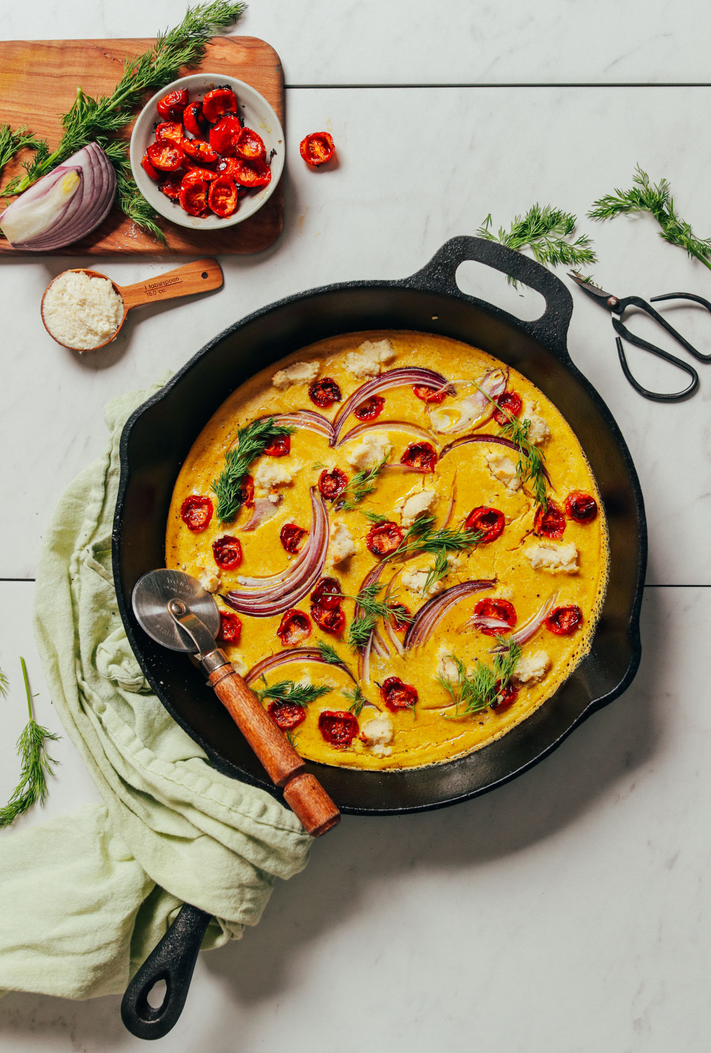 Skillet filled with our Vegan Frittata recipe made with mung beans