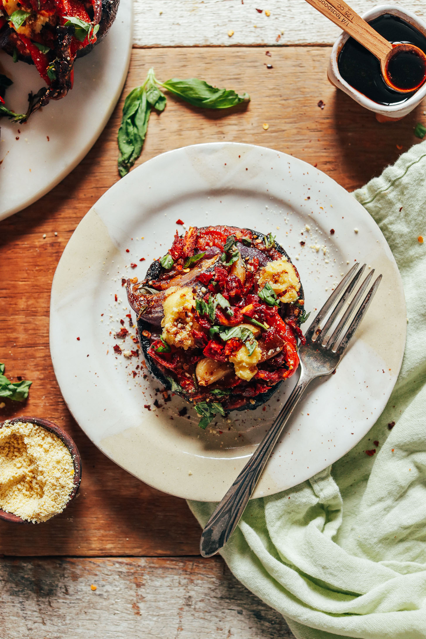Vegan Balsamic-Marinated Portobello Pizza on a serving plate