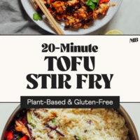 Skillet with rice, veggies, and tofu and a bowl filled with our 20-minute tofu stir-fry that's plant-based and gluten-free