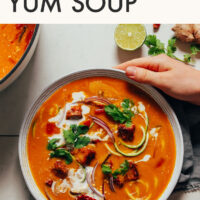 Hands holding a bowl of 1-pot vegan tom yum soup