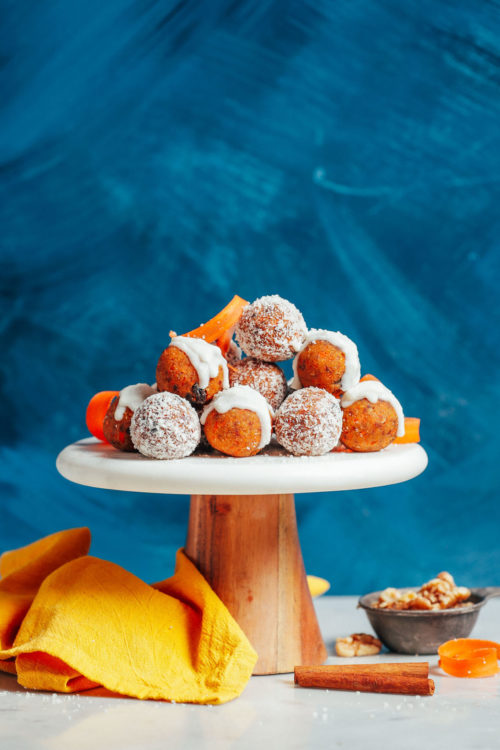 Tray filled with naturally sweetened Raw Carrot Cake Bites