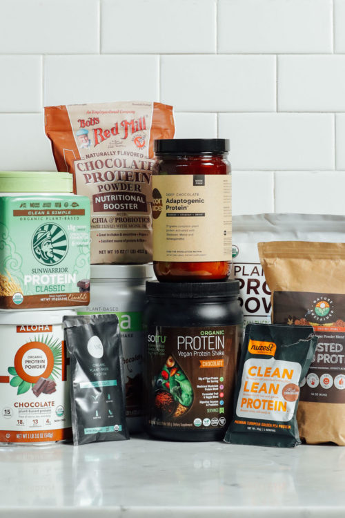 Collection of plant-based chocolate protein powders we reviewed