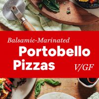 Plate and cutting board with vegan Balsamic-Marinated Portobello Pizzas