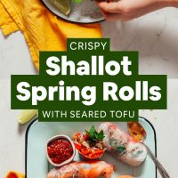 Plate and tray of our delicious Crispy Shallot Spring Rolls with Seared Tofu