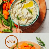 Wood cutting boards with fresh vegetables and our vegan Garlic Sunflower Dip
