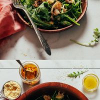 Wood bowl and plate of our Lemony Arugula Salad with Crispy Shallot