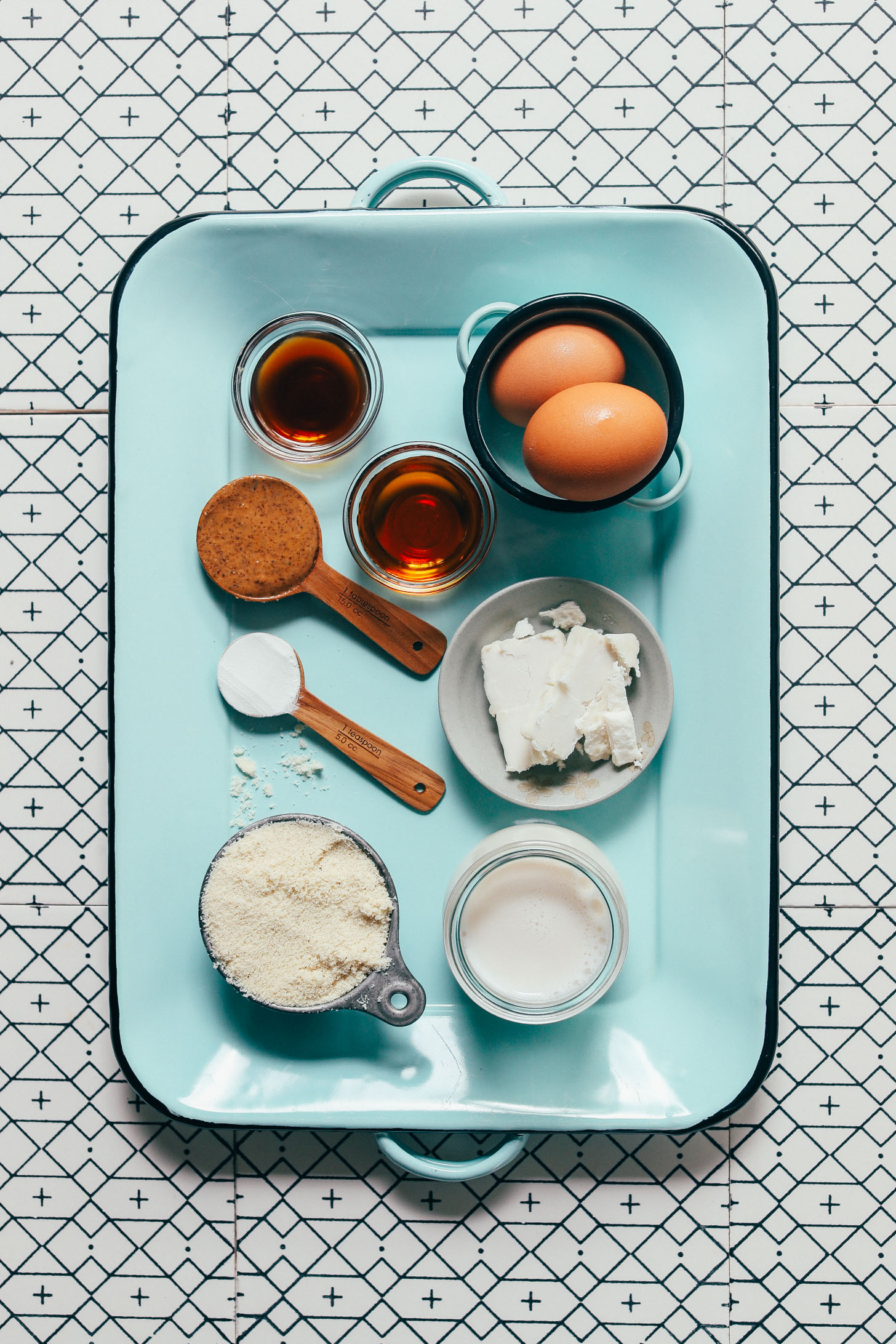 Tray of ingredients for making our low sugar Grain-Free Pancake recipe