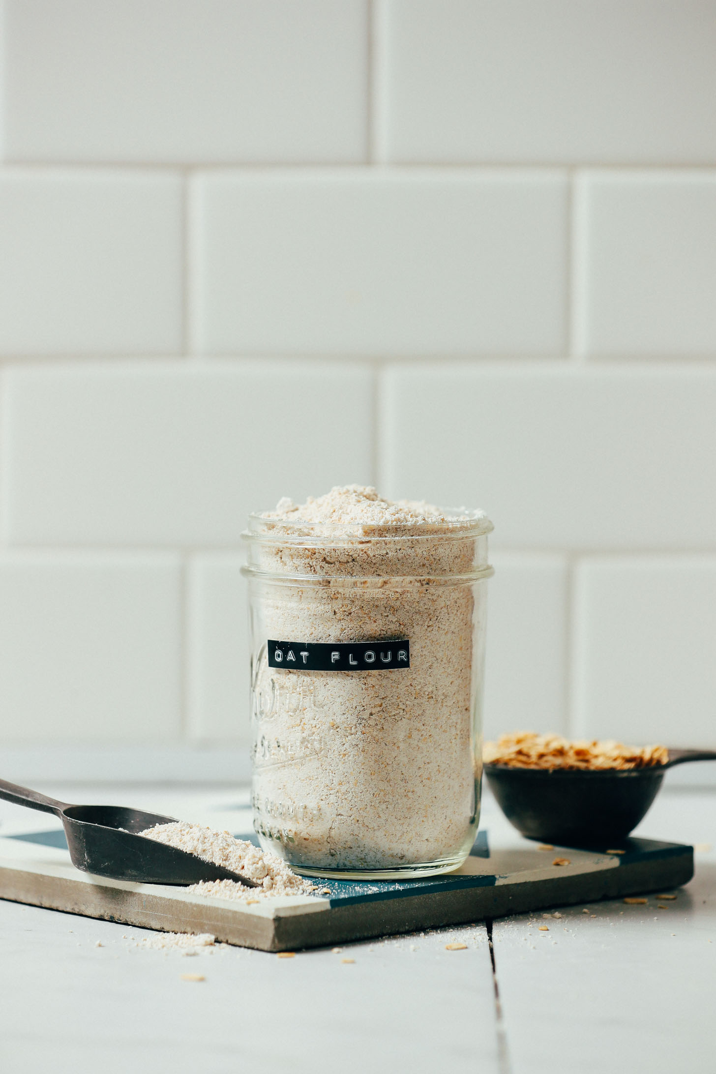 Jar of oat flour for our tutorial on how to make and use gluten-free flours