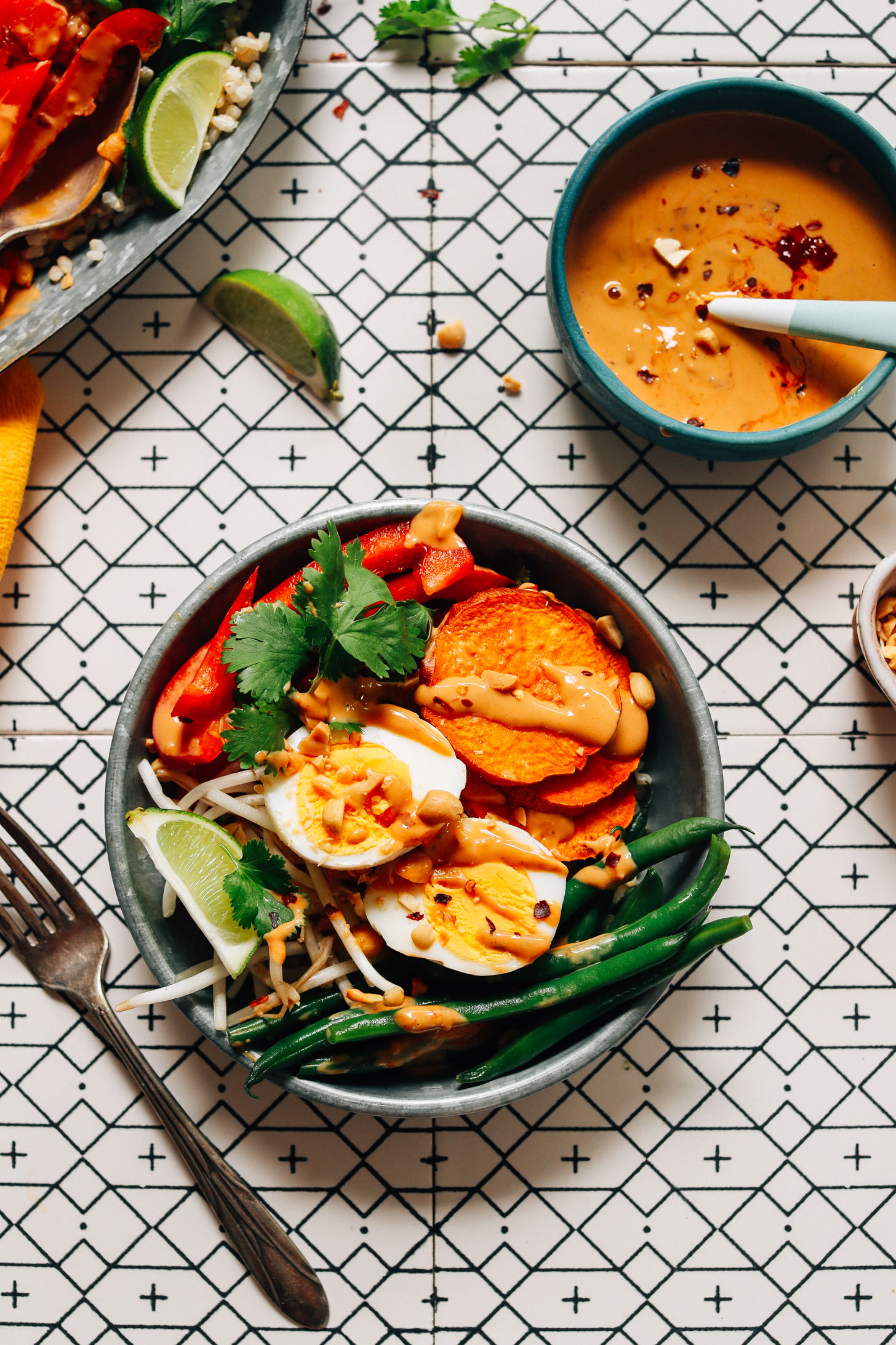 Bowl of Gado Gado made with brown rice, green beans, sweet potato, bell pepper, egg, and Spicy Peanut Sauce