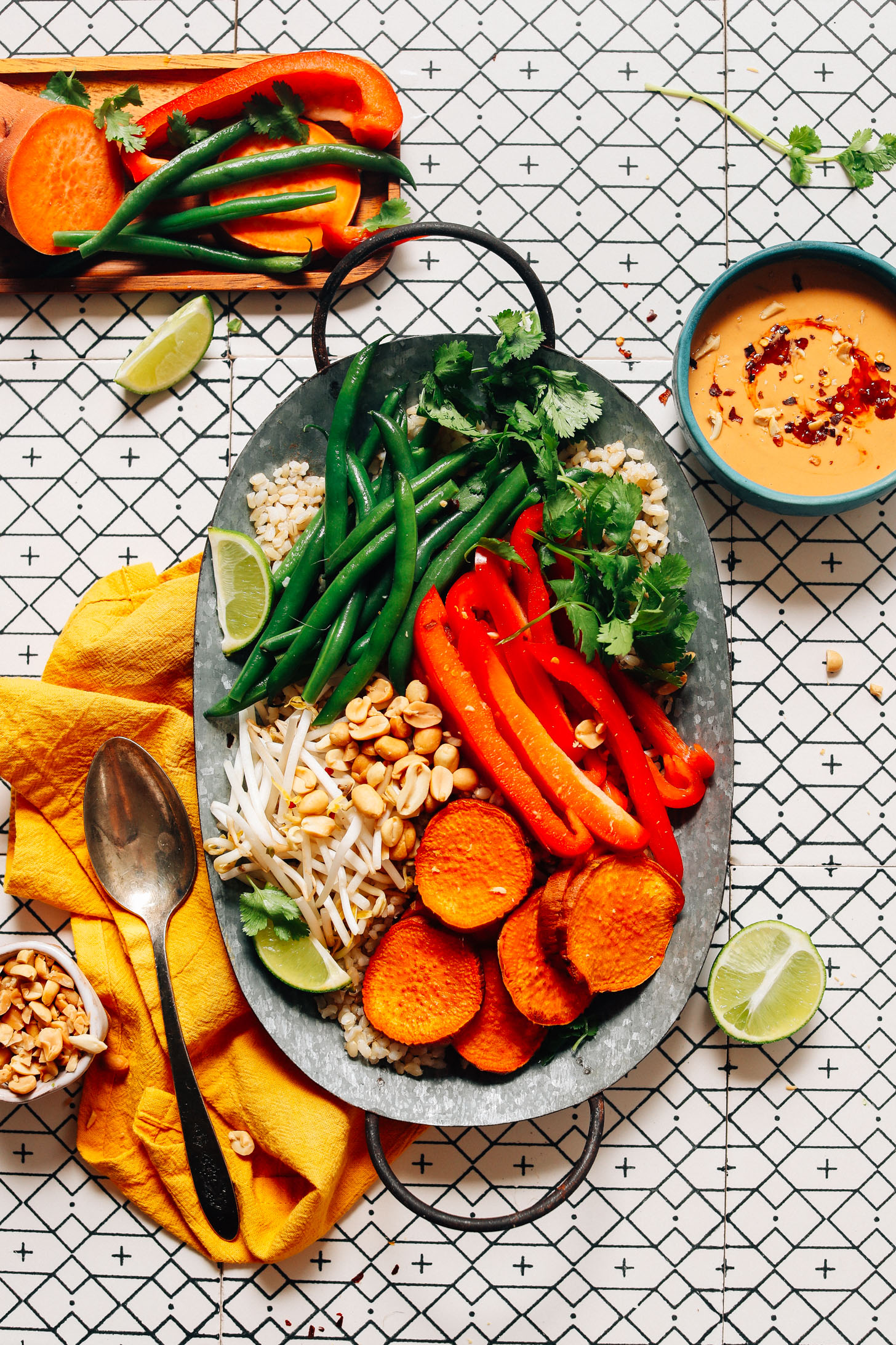 Tray of gluten-free Gado Gado with Spicy Peanut Sauce for a simple dairy-free dinner