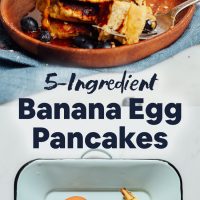 Plate of ingredients and tray of our simple Banana Egg Pancakes recipe