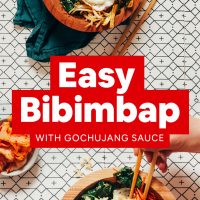 Bowls of our Korean Bibimbap recipe made with a fried egg
