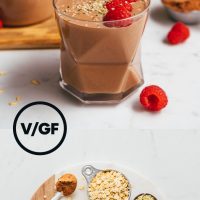 Cutting board of ingredients and glasses of our protein-powder-free Vegan Chocolate Protein Shake