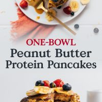Top down and side view shots of a stack of Peanut Butter Protein Pancakes