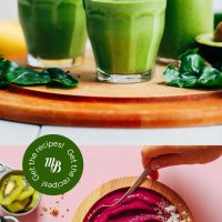 Green smoothies and smoothie bowls with overlaid text for a vegan smoothie roundup