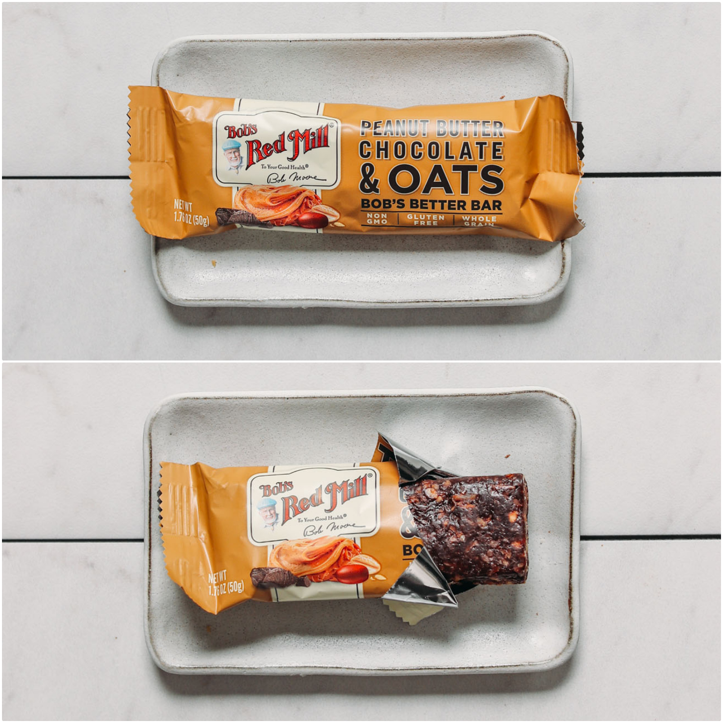 Plate with closed and open packages of a Bob's Red Mill energy bar for our unbiased review