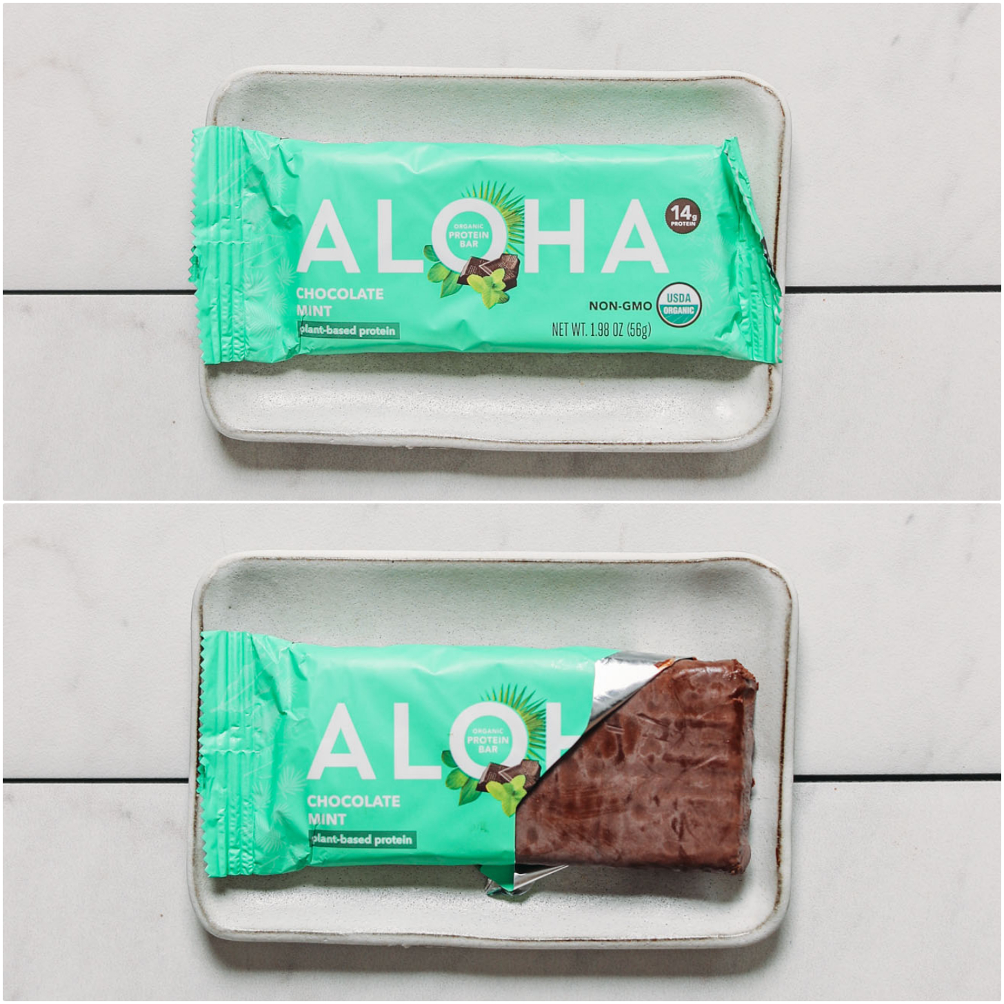 Open and closed package of an Aloha Chocolate Mint protein bar for our plant-based protein bars review