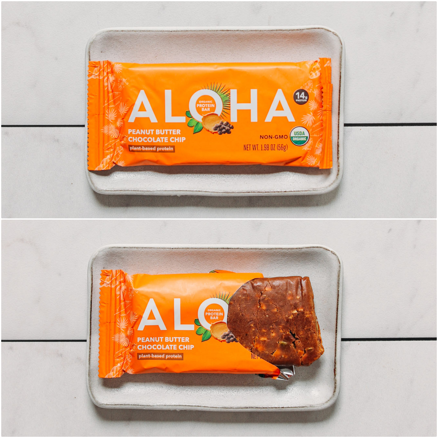 Open and closed package of an Aloha Peanut Butter Protein Bar for our unbiased protein bar review
