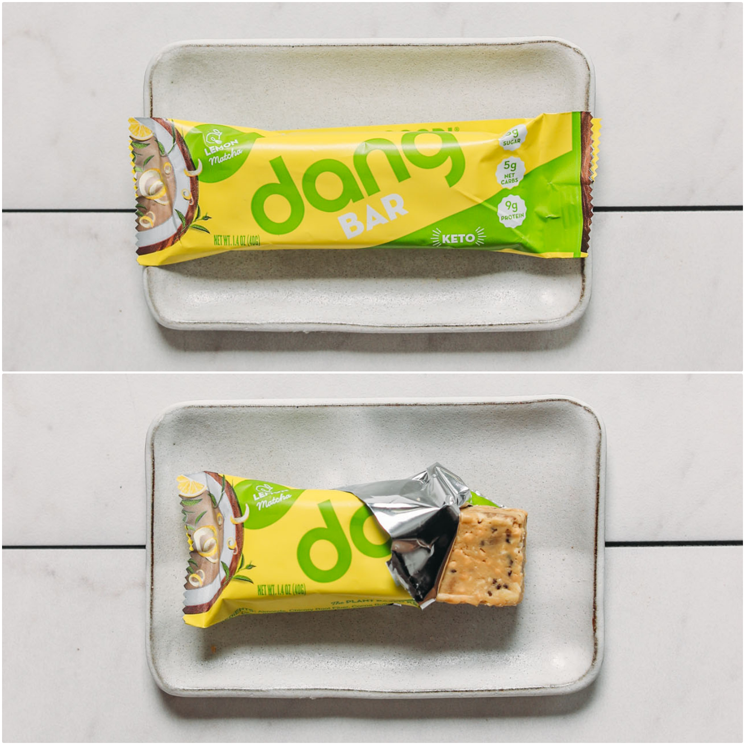 Closed and opened Dang Lemon Matcha protein bar for our unbiased plant-based protein bar review