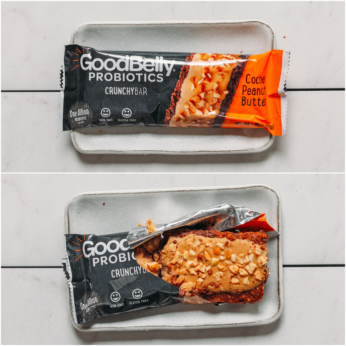 Open and closed package of a Goodbelly Probiotic protein bar for our review of plant-based protein bars