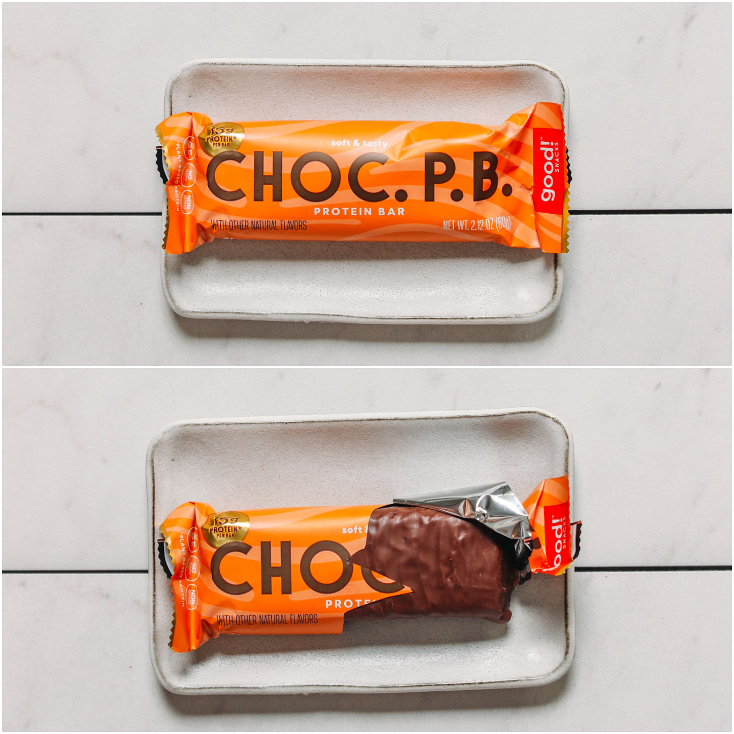 Closed and open package of a Good Snacks Chocolate Peanut Butter protein bar for our unbiased review