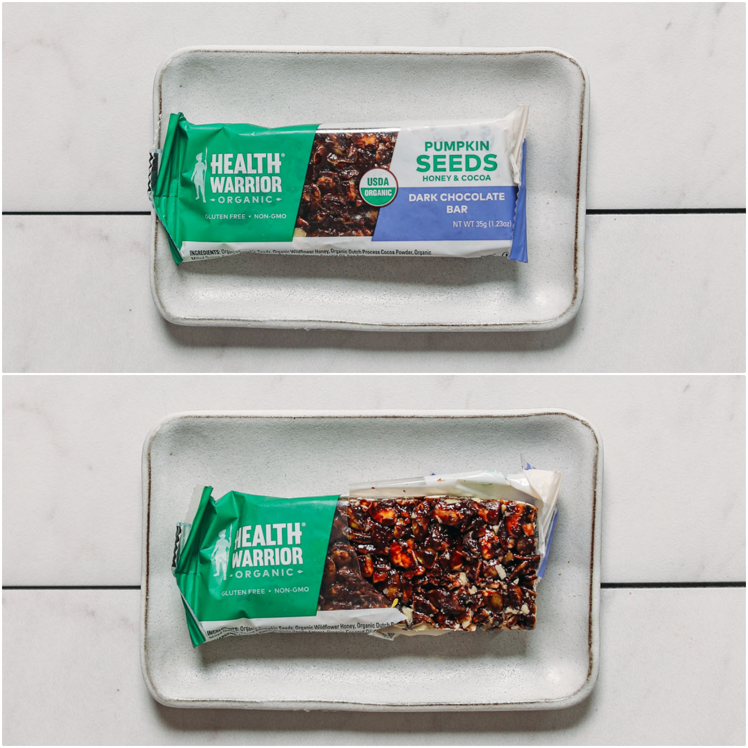 Closed and open package of a Health Warrior Pumpkin Seed Protein Bar for our unbiased protein bar review