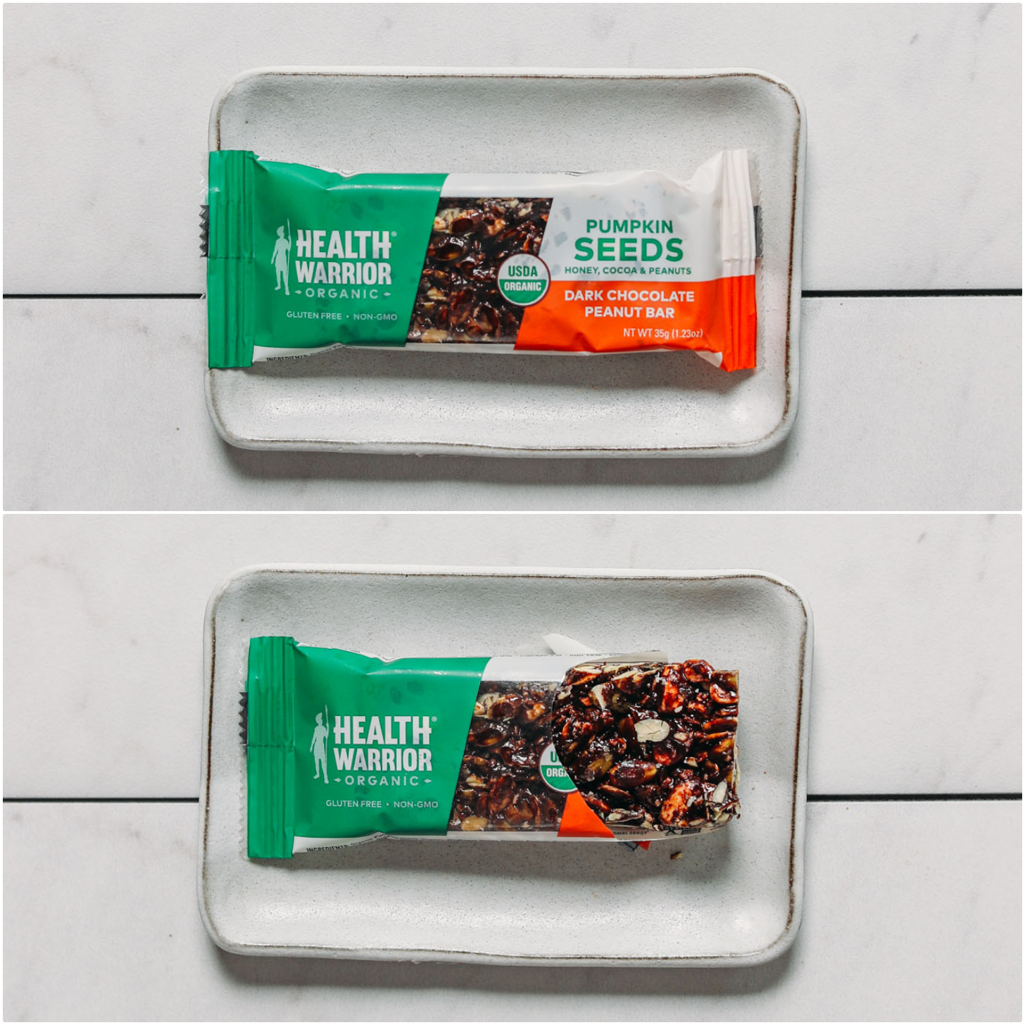 Plate with an open and closed package of Health Warrior Chocolate Peanut Pumpkin Seed Protein Bar for our protein powder review