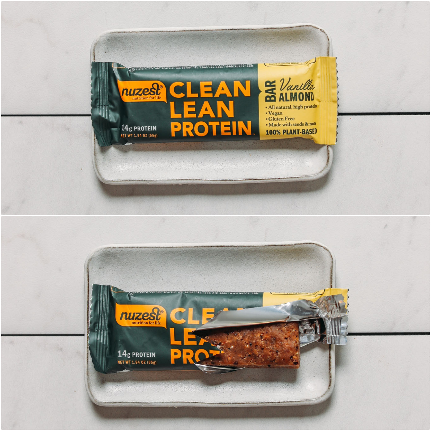 Plate with an open and closed package of a Nuzest Vanilla Almond Protein Bar