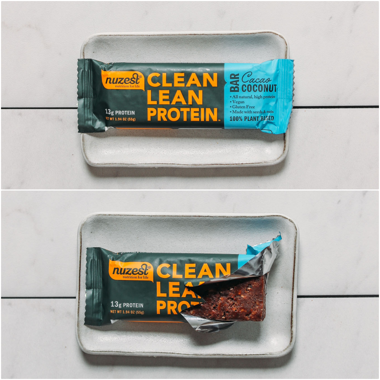 Plate with open and closed package of a Nuzest Cocoa Coconut protein bar for our unbiased review