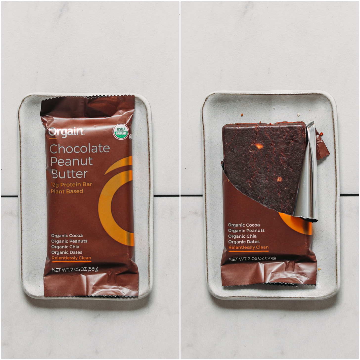 Plate with a closed and open package of an Orgain Chocolate Peanut Butter protein bar