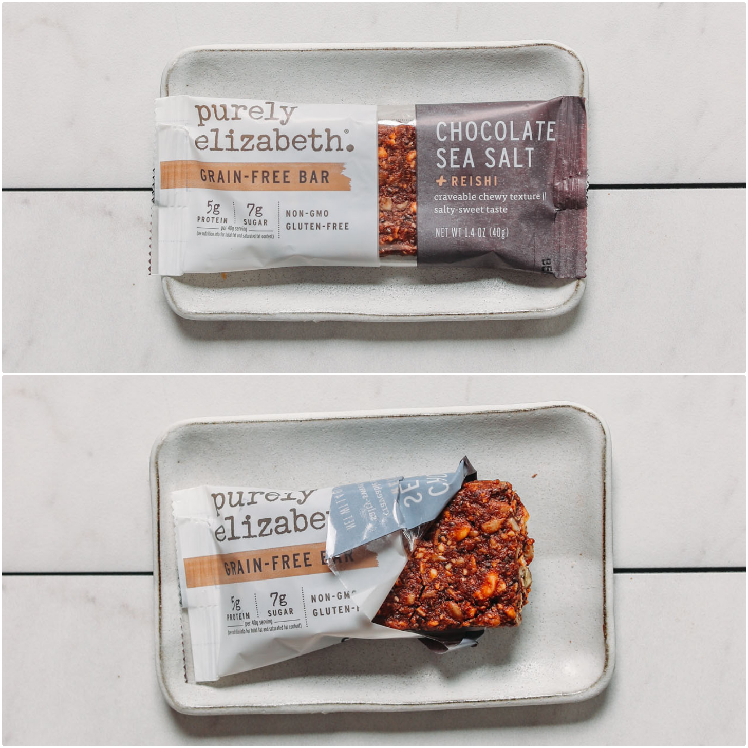 Plate with an open and closed Purely Elizabeth protein bar with reishi mushrooms for our plant-based protein bar review