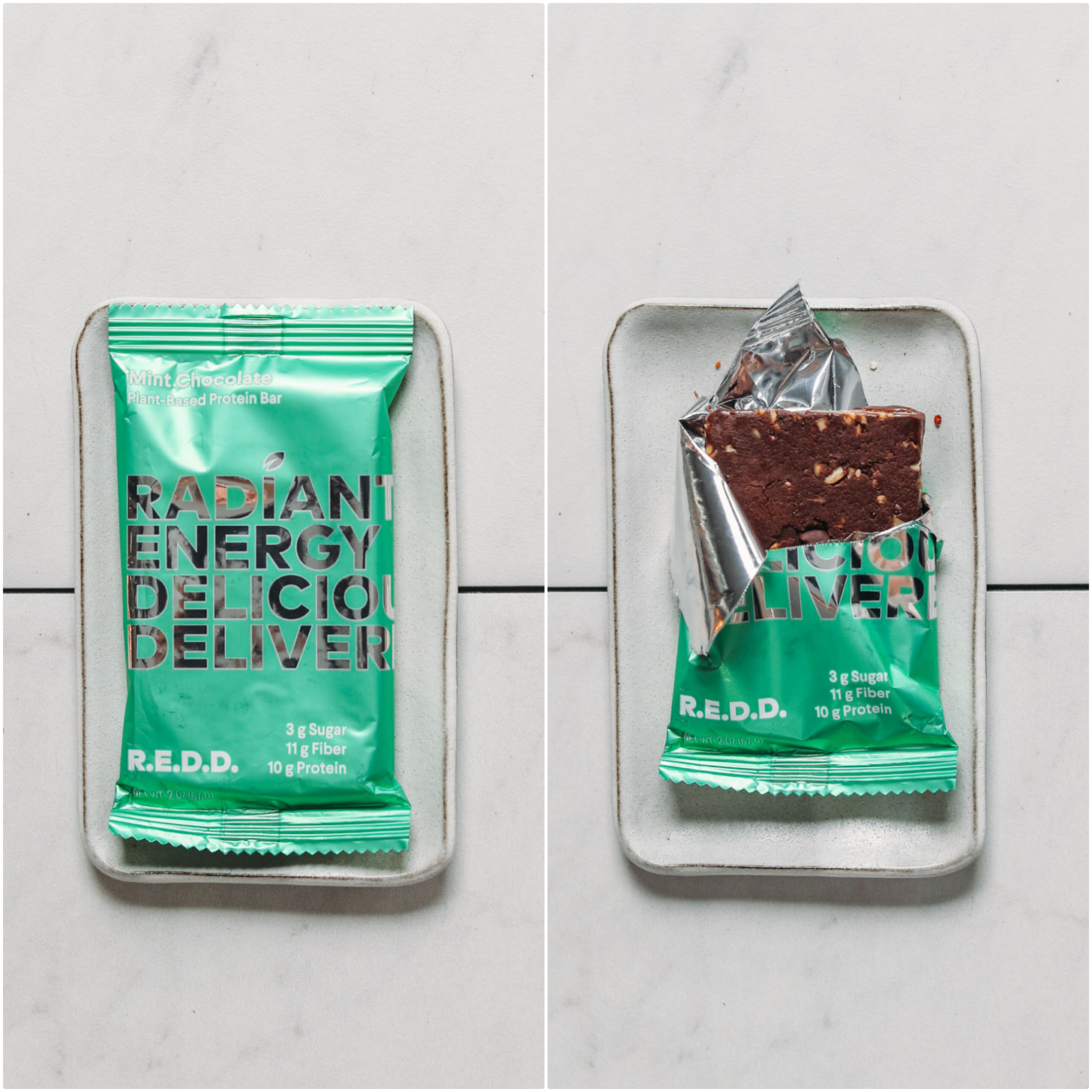 Plate with an open and closed package of a R.E.D.D. Chocolate Mint Protein Bar for our plant-based protein bar review
