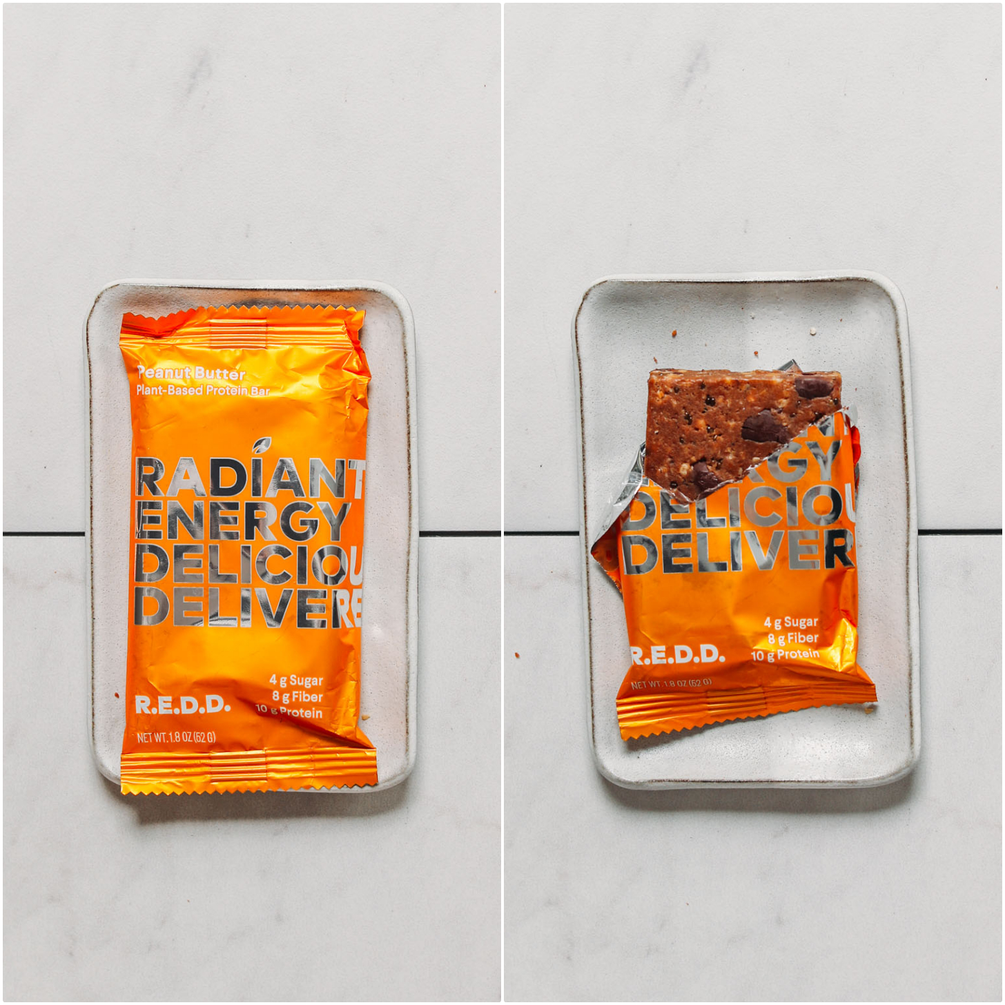 Open and closed package of R.E.D.D. Peanut Butter Protein bar for our unbiased review