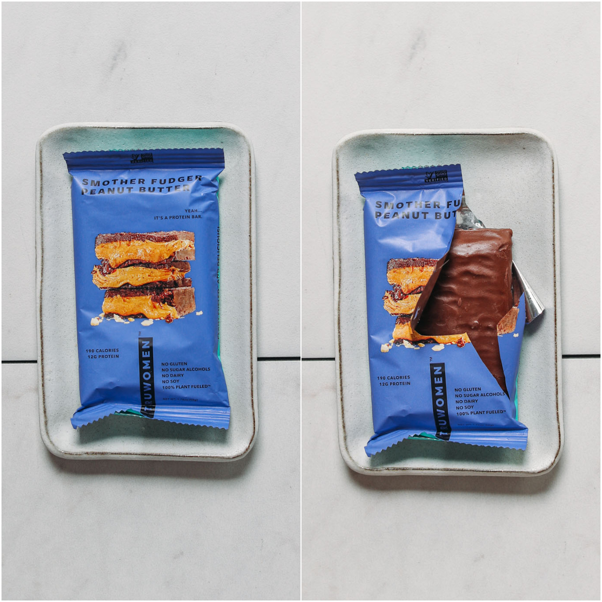 Closed and open package of Truwomen Smother Fudger Peanut Butter Protein Bar for our plant-based protein bar review