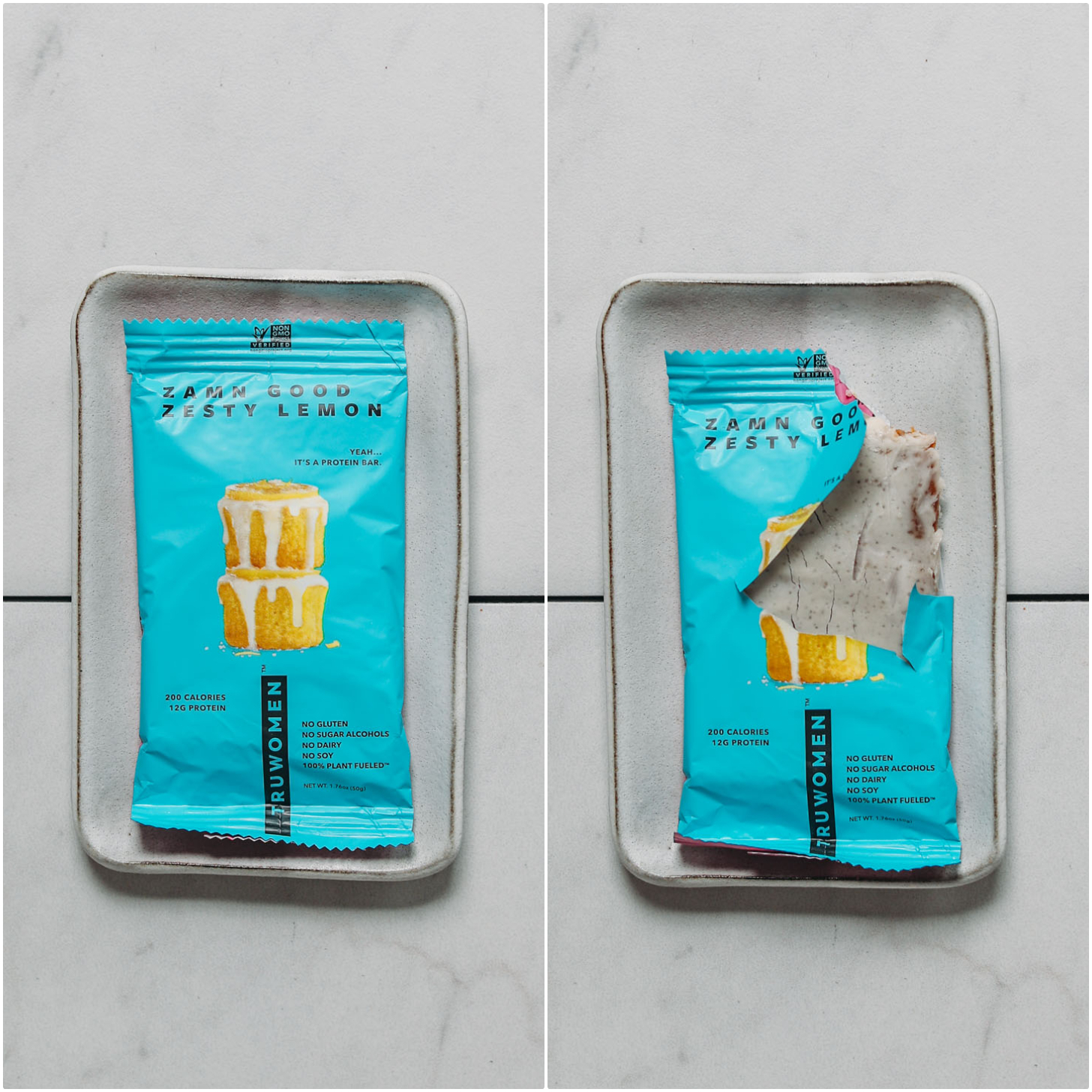 Closed and open packages of Truwomen Lemon Protein Bar for our plant-based protein bar review