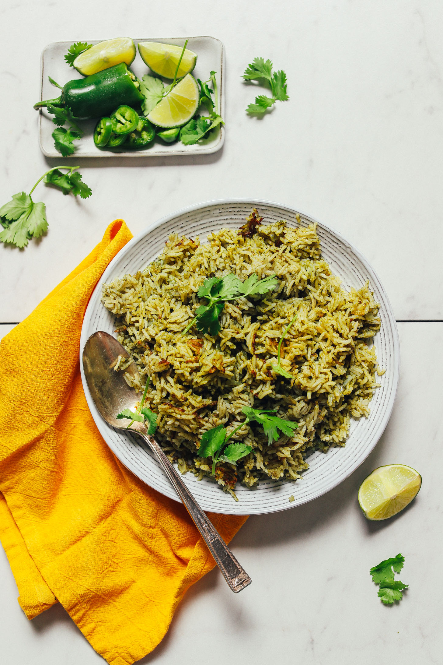 Big bowl of Mexican Green Rice topped with fresh cilantro
