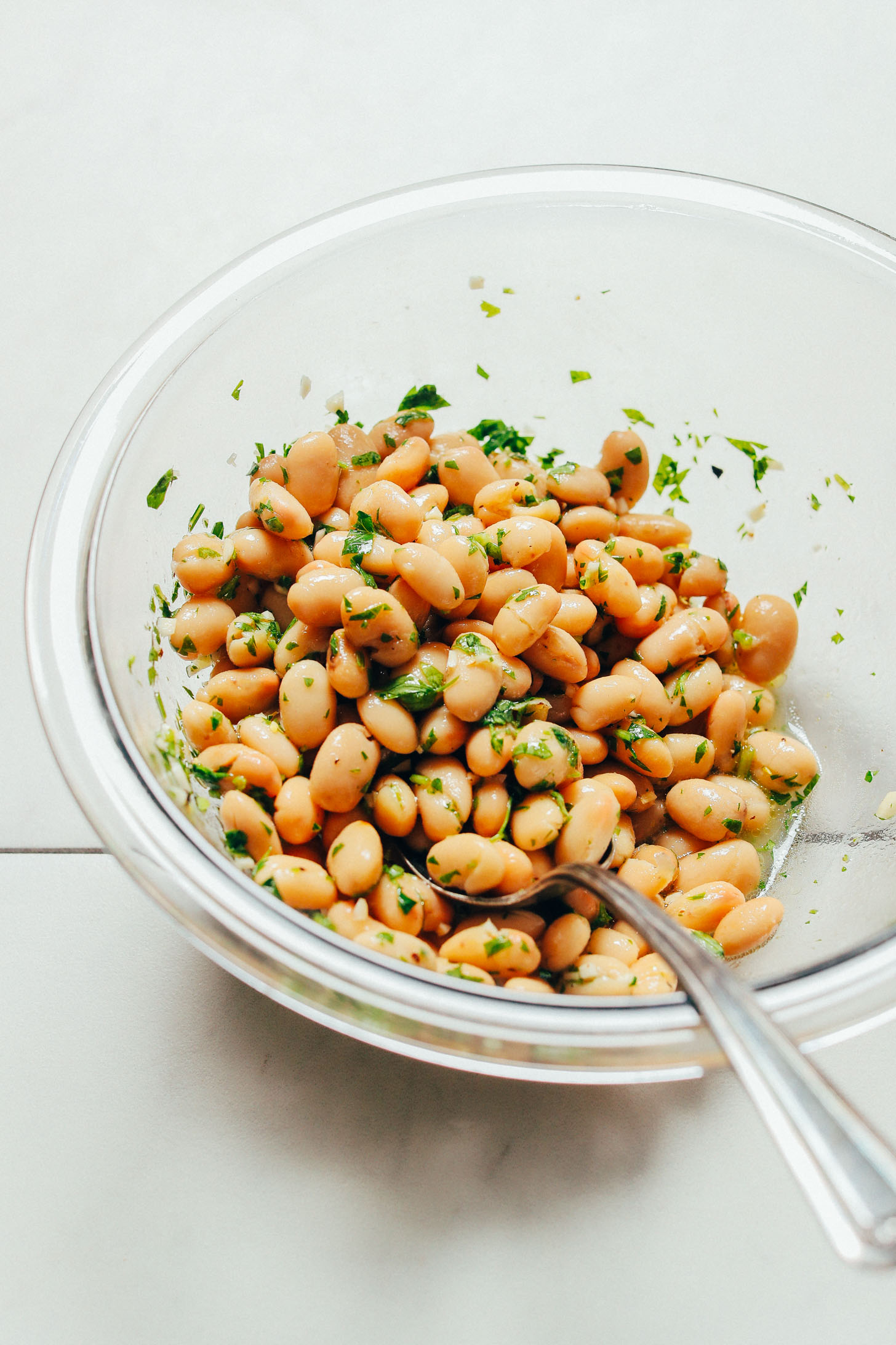 Bowl of Herbed Beans for topping our Grilled Romaine Salad recipe
