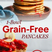 Stacks of our 1-Bowl Grain-Free Pancakes topped with raspberry compote and a lemon slice