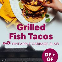 Mahi mahi cooking on a grill pan and in a platter of tacos for gluten-free fish taco night