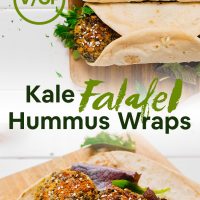 Wood cutting boards with open and closed Kale Falafel Hummus Wraps for a simple vegan meal