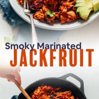 Pan and bowl of Smoky Shredded Marinated Jackfruit